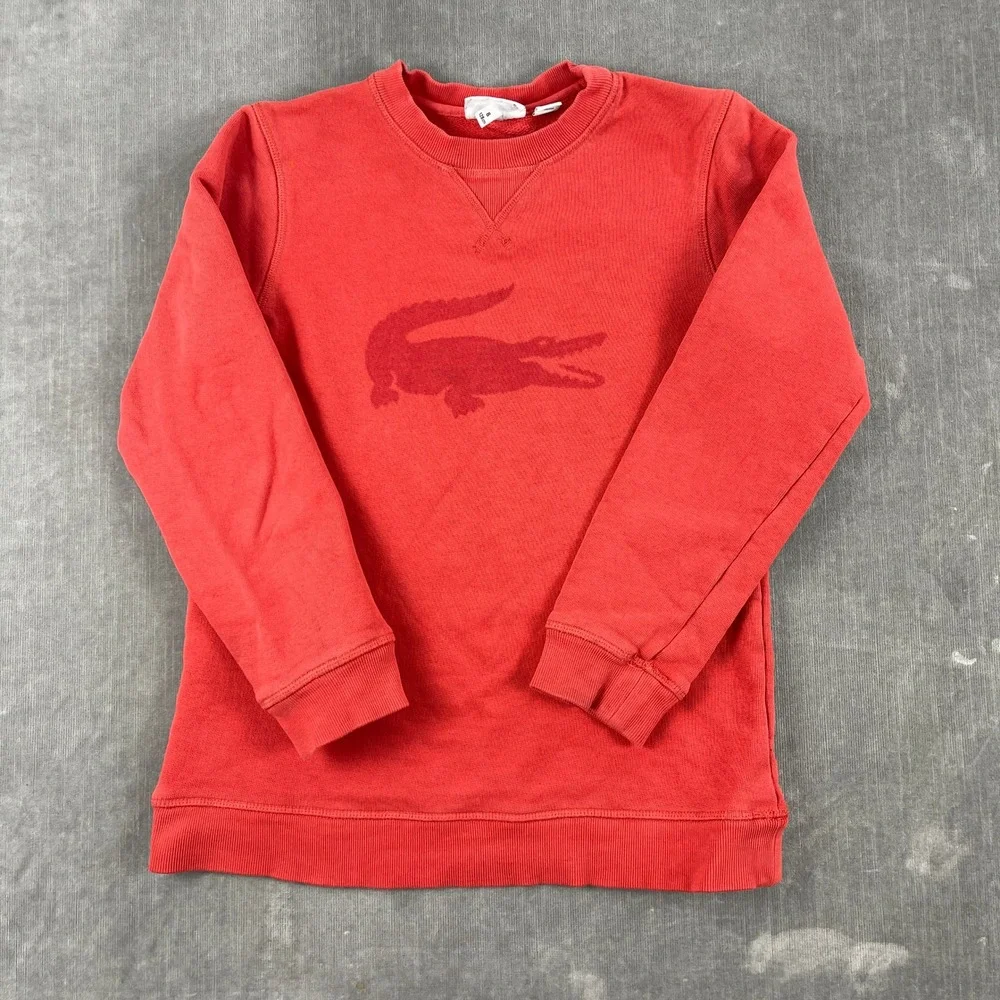 Lacoste Kids 8 Red Sweatshirt Big Logo Pullover Crew Neck Long Sleeve